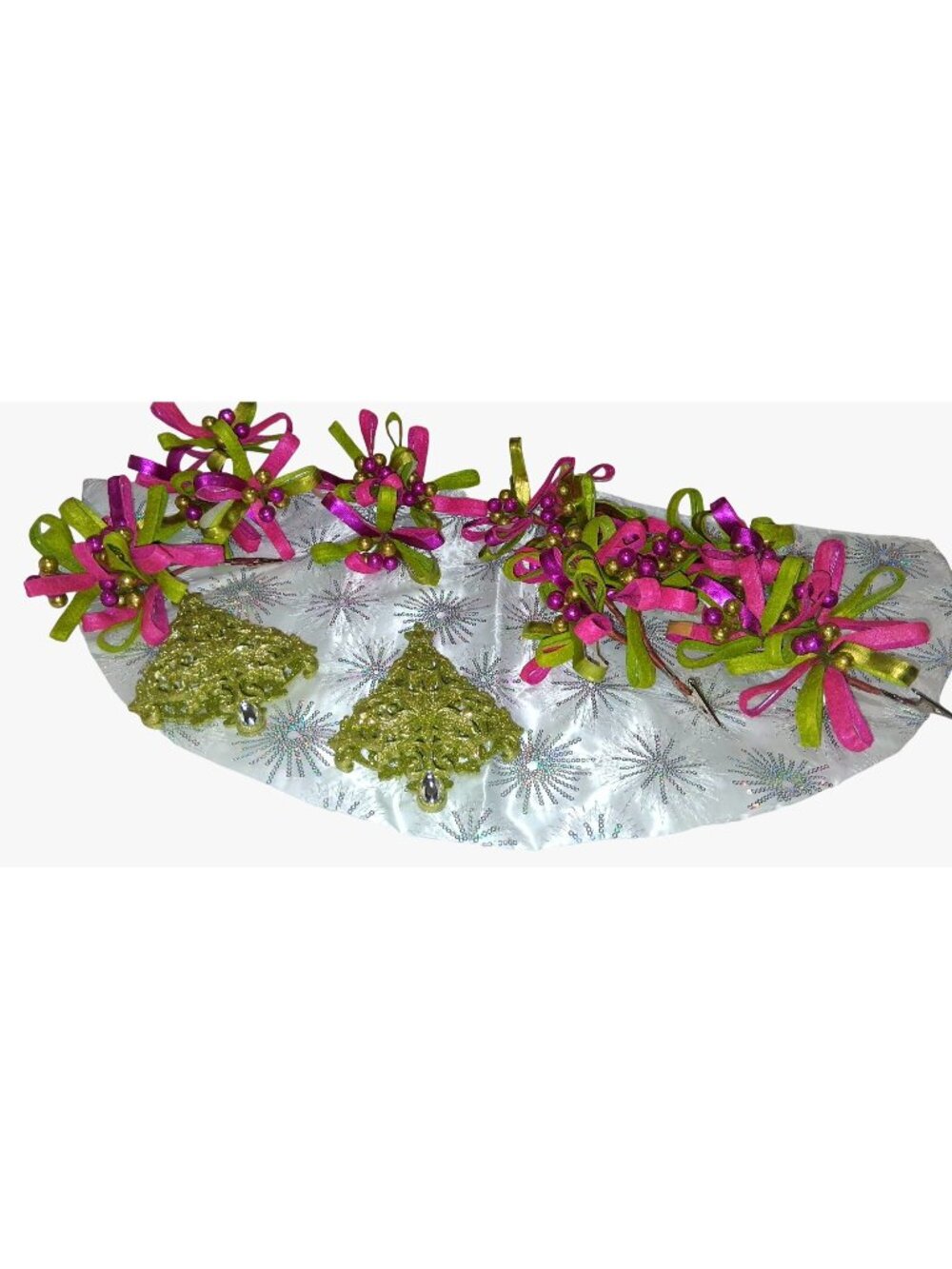 Christmas Glitter Tree Ornaments Tree Skirt Ribbon Decorations Pink Green Gold S